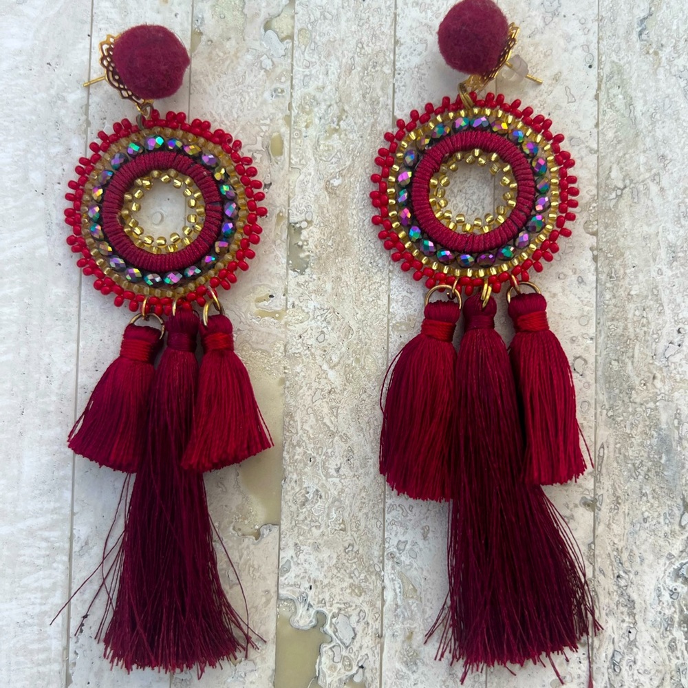 Handmade Colombian burgundy Beaded Statement Earrings - Light Weight!